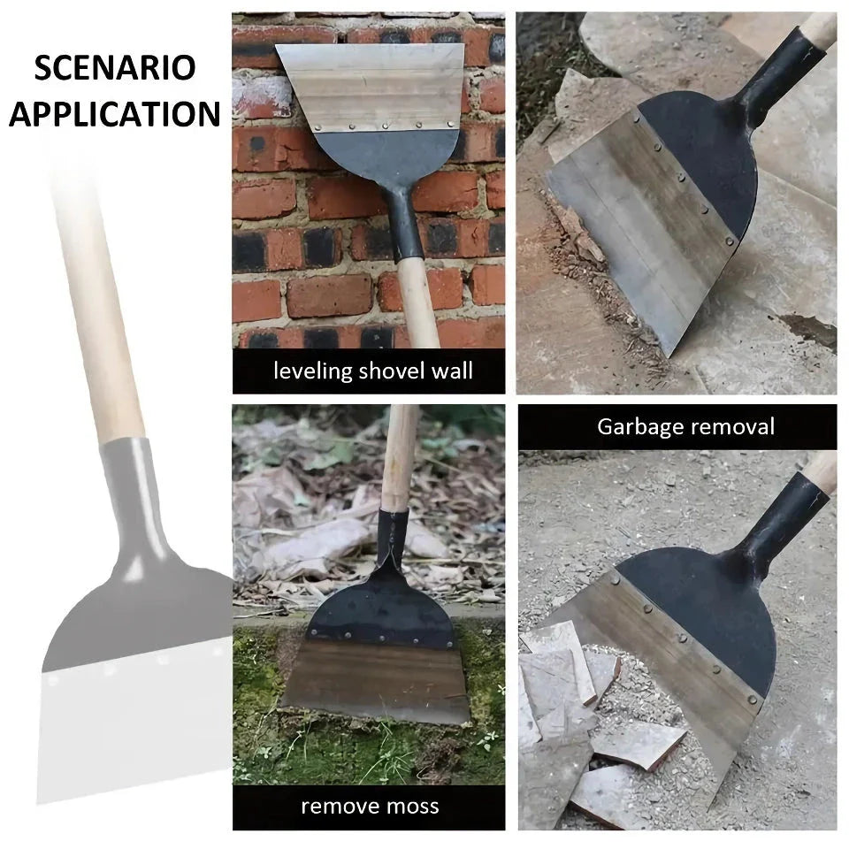Multifunctional heavy-duty garden cleaning shovel made from manganese steel with a flat head design for efficient scraping and lifting
