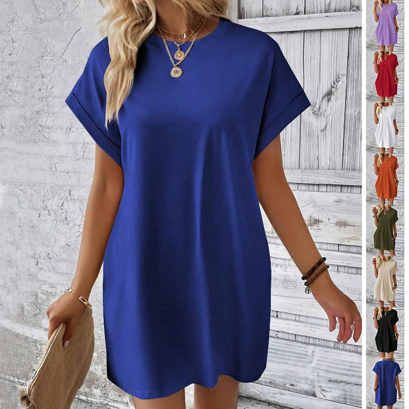 Trendha Loose Short Sleeve Dress with Pockets - Casual Solid Colour Round Neck Straight Dress for Women