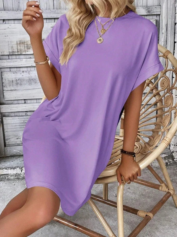 Trendha Loose Short Sleeve Dress with Pockets - Casual Solid Colour Round Neck Straight Dress for Women