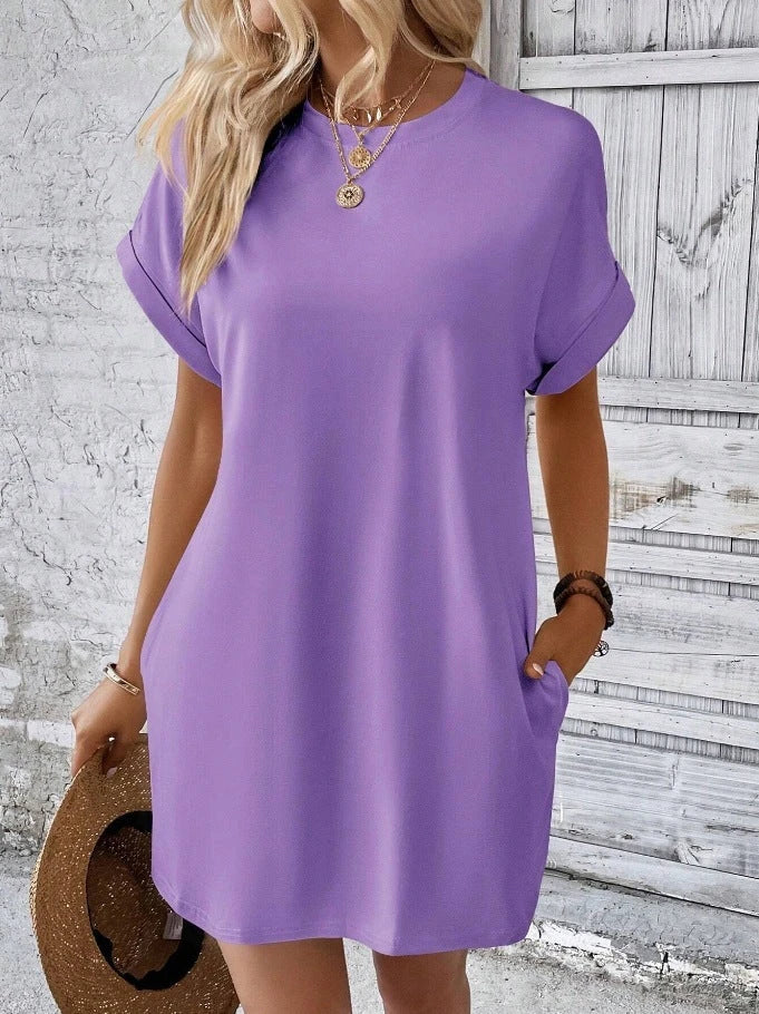 Trendha Loose Short Sleeve Dress with Pockets - Casual Solid Colour Round Neck Straight Dress for Women