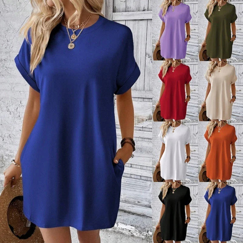 Trendha Loose Short Sleeve Dress with Pockets - Casual Solid Colour Round Neck Straight Dress for Women