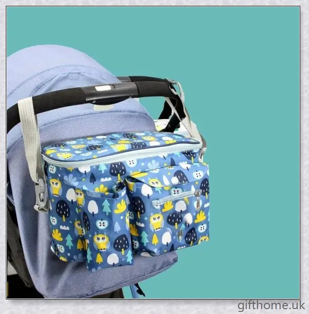 Premium baby stroller organiser in various colours, featuring adjustable handle and multiple storage compartments for baby essentials