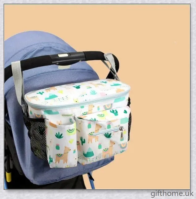Premium baby stroller organiser in various colours, featuring adjustable handle and multiple storage compartments for baby essentials