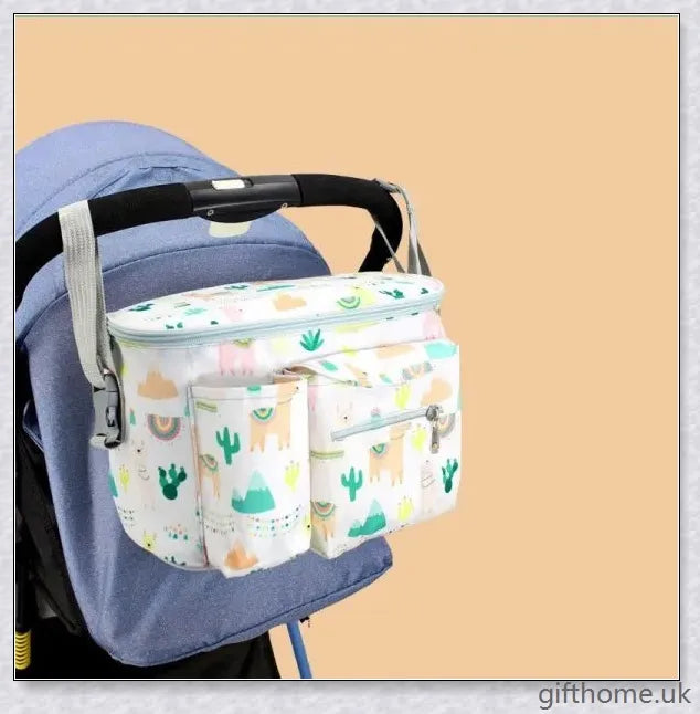 Premium baby stroller organiser in various colours, featuring adjustable handle and multiple storage compartments for baby essentials
