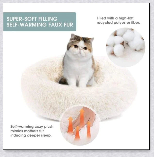 Round and raised cat marshmallow bed in white and grey colours, designed to promote healthy and restful sleep for cats