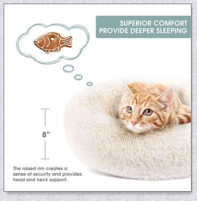 Round and raised cat marshmallow bed in white and grey colours, designed to promote healthy and restful sleep for cats