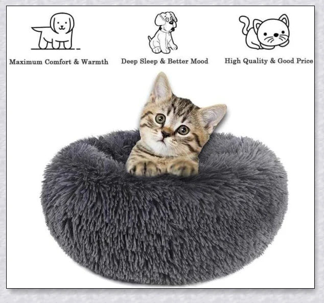 Round and raised cat marshmallow bed in white and grey colours, designed to promote healthy and restful sleep for cats