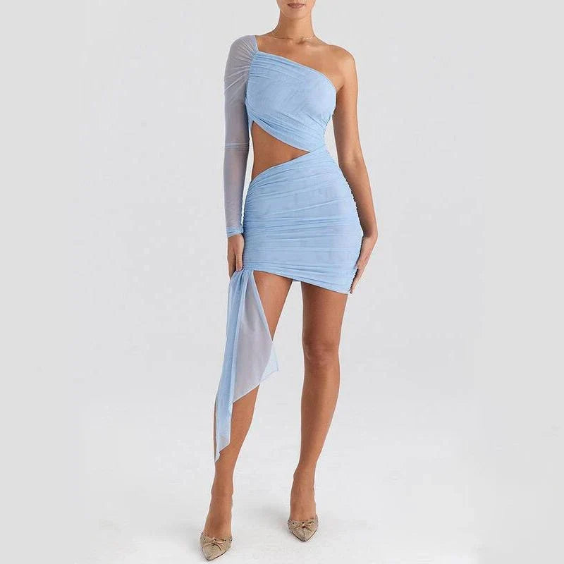 Chic backless mini dress with mesh overlay, showcasing a unique inclined shoulder design and flattering silhouette