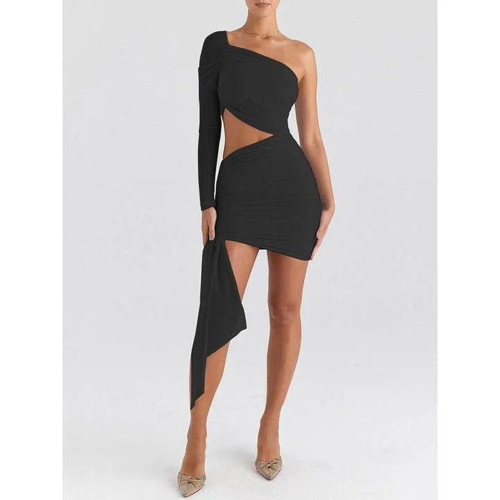 Chic backless mini dress with mesh overlay, showcasing a unique inclined shoulder design and flattering silhouette