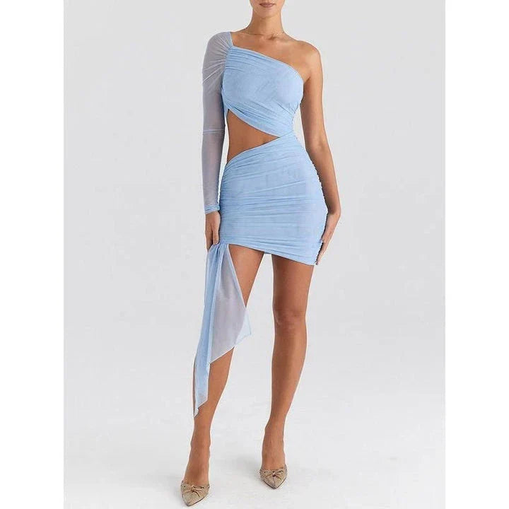 Chic backless mini dress with mesh overlay, showcasing a unique inclined shoulder design and flattering silhouette