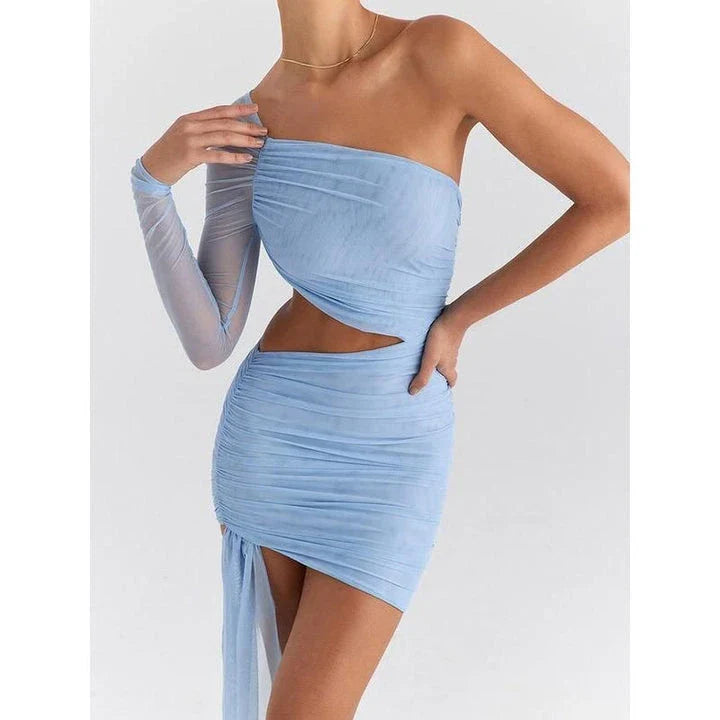 Chic backless mini dress with mesh overlay, showcasing a unique inclined shoulder design and flattering silhouette