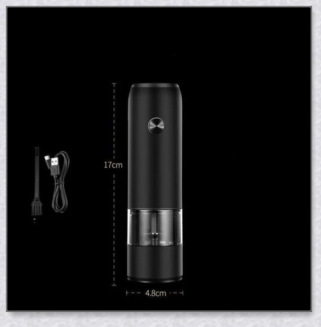 Rechargeable electric pepper and salt grinder set with adjustable coarseness and gravity-sensing mechanism