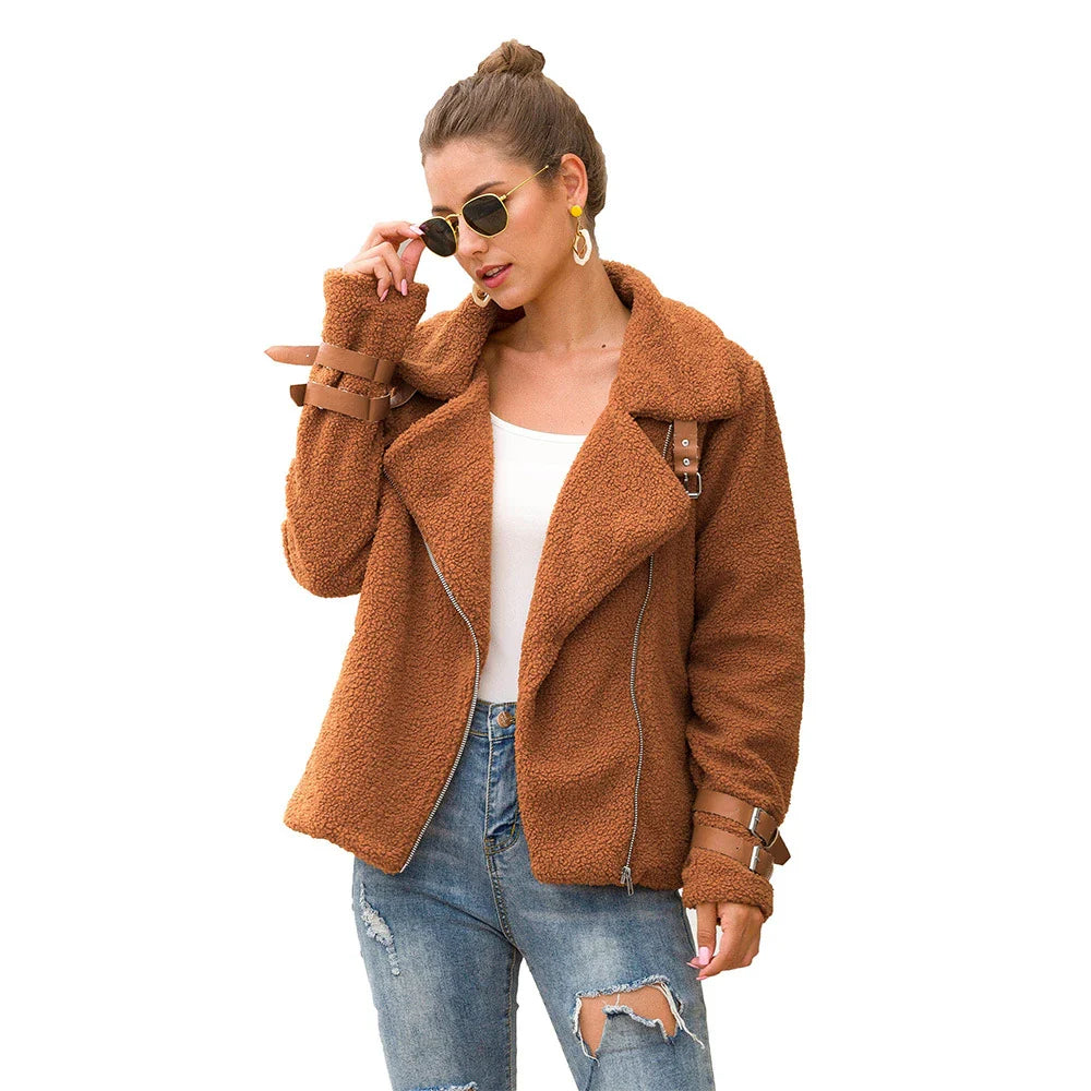 Composite Fur Biker Jacket in Army Green, featuring a cosy faux fur blend and a tailored silhouette for a stylish and practical outerwear piece.