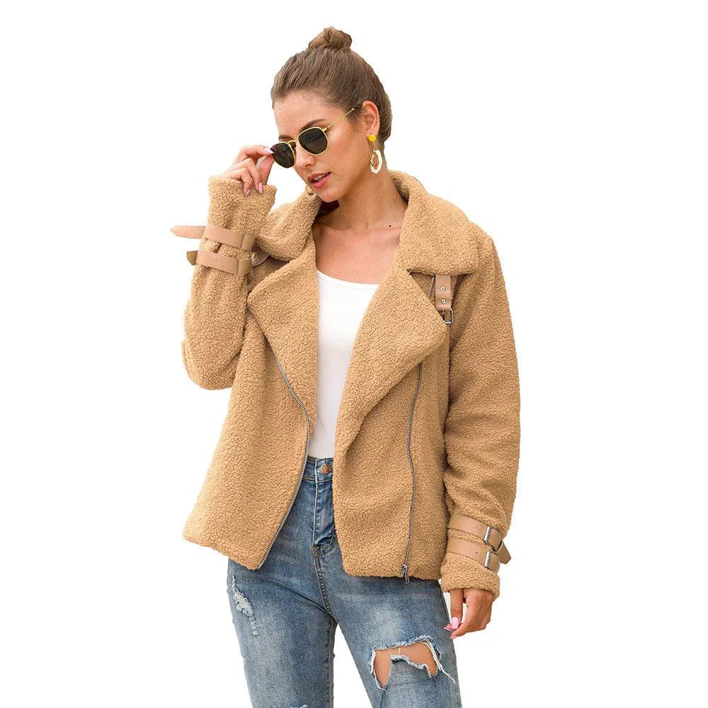 Composite Fur Biker Jacket in Army Green, featuring a cosy faux fur blend and a tailored silhouette for a stylish and practical outerwear piece.
