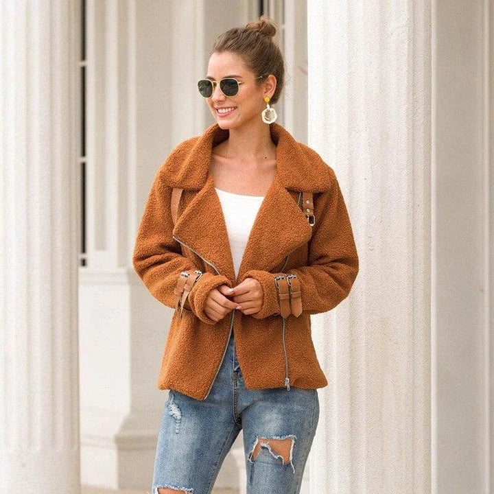 Composite Fur Biker Jacket in Army Green, featuring a cosy faux fur blend and a tailored silhouette for a stylish and practical outerwear piece.