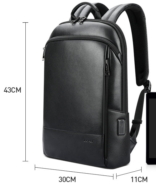 A high-quality genuine leather backpack with a sleek, sophisticated design, perfect for the discerning gentleman