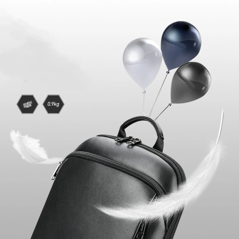 A high-quality genuine leather backpack with a sleek, sophisticated design, perfect for the discerning gentleman