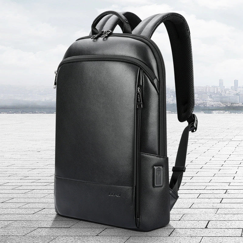 A high-quality genuine leather backpack with a sleek, sophisticated design, perfect for the discerning gentleman