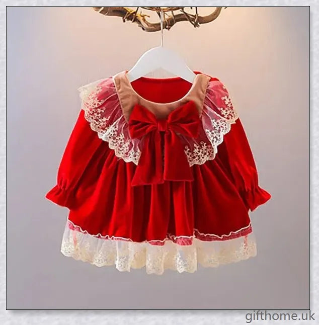 A cosy and stylish autumn lace Christmas dress for baby girls, available in a range of festive colours.