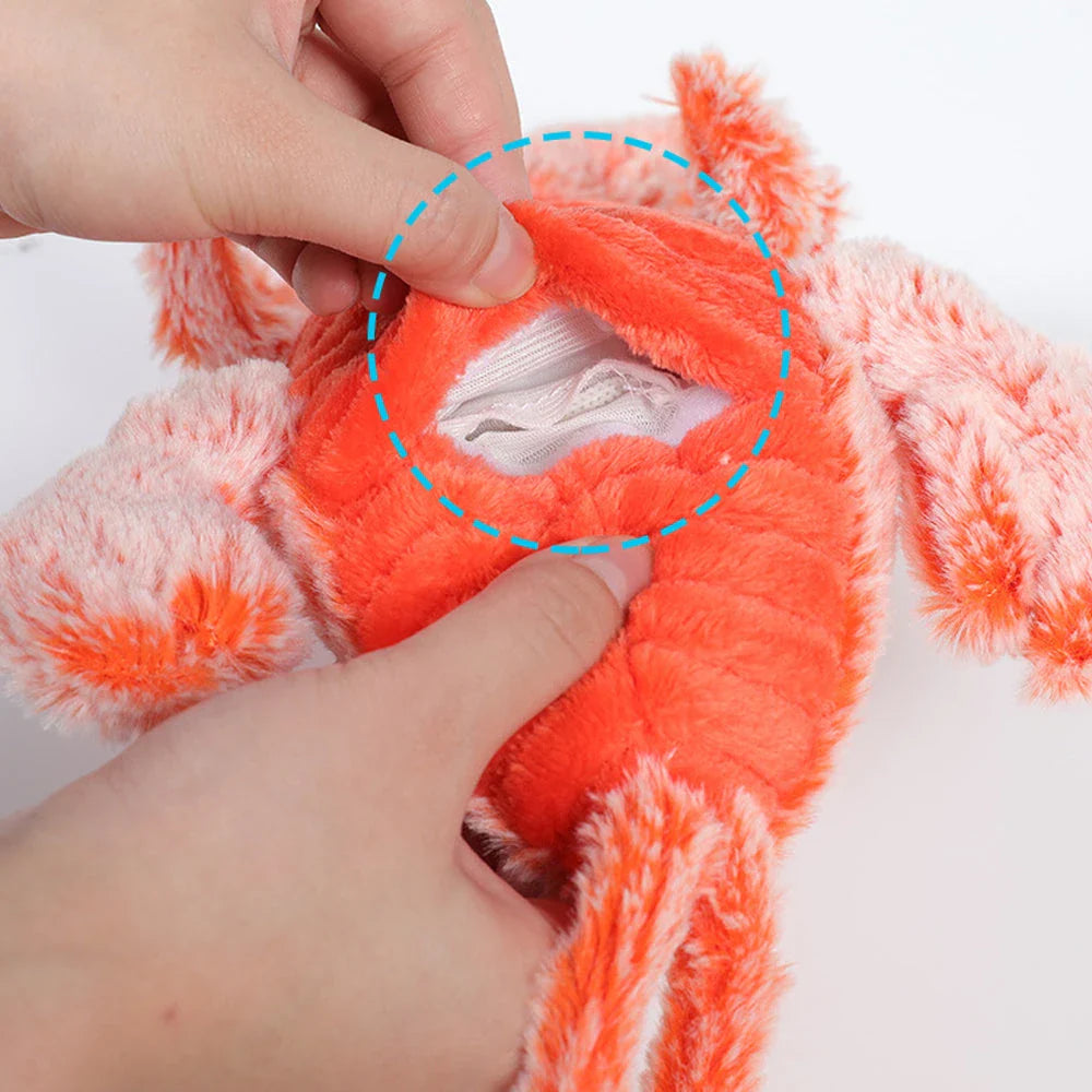 Interactive plush toy in the shape of a lobster with realistic movements to engage and entertain pets