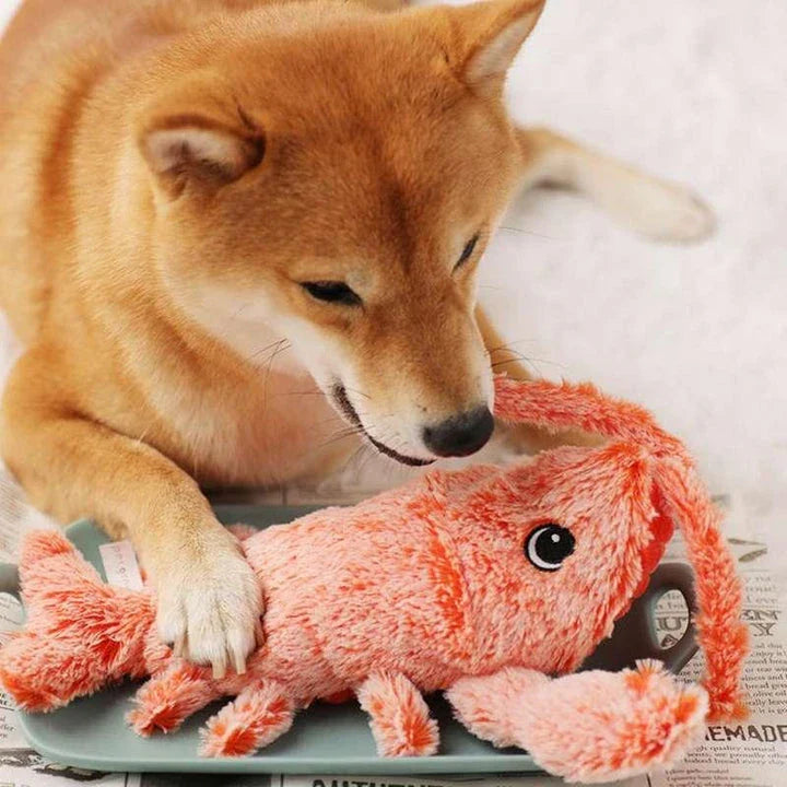 Interactive plush toy in the shape of a lobster with realistic movements to engage and entertain pets