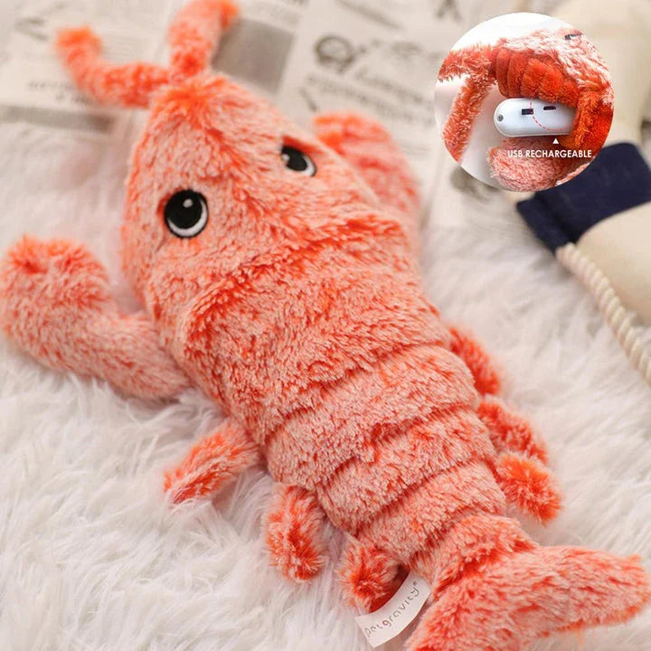 Interactive plush toy in the shape of a lobster with realistic movements to engage and entertain pets