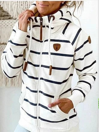 European and American inspired women's hooded cardigan sweatshirt in white and dark blue stripes
