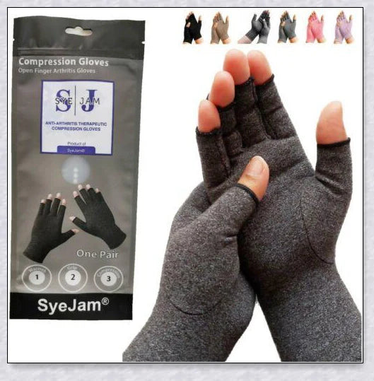 A pair of NHS Compression Arthritis Relief Gloves in different colours, designed to provide pain relief and improved mobility for those suffering from rheumatoid arthritis and osteoarthritis.