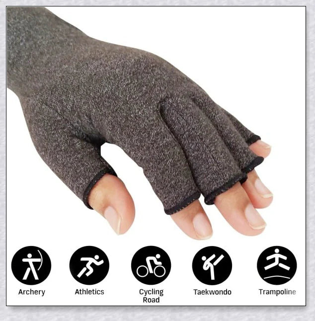 A pair of NHS Compression Arthritis Relief Gloves in different colours, designed to provide pain relief and improved mobility for those suffering from rheumatoid arthritis and osteoarthritis.