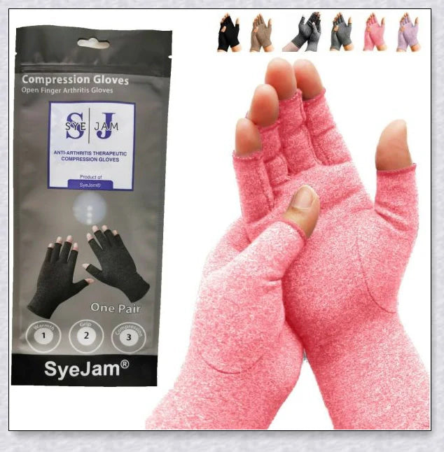 A pair of NHS Compression Arthritis Relief Gloves in different colours, designed to provide pain relief and improved mobility for those suffering from rheumatoid arthritis and osteoarthritis.