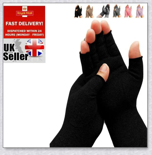 A pair of NHS Compression Arthritis Relief Gloves in different colours, designed to provide pain relief and improved mobility for those suffering from rheumatoid arthritis and osteoarthritis.