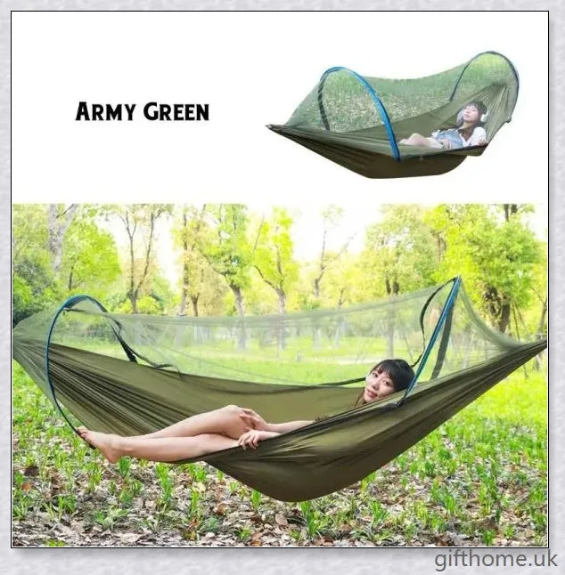 Premium 2-person portable outdoor hammock with mosquito-resistant technology, perfect for camping and leisure activities.