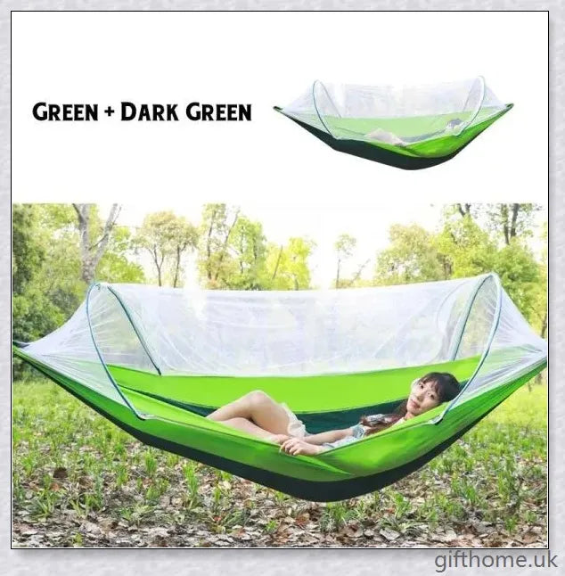 Premium 2-person portable outdoor hammock with mosquito-resistant technology, perfect for camping and leisure activities.