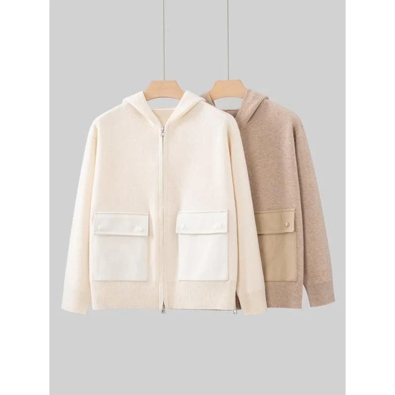 Luxurious cashmere zipper hoodie jacket in a solid pattern design, perfect for autumn and winter wear