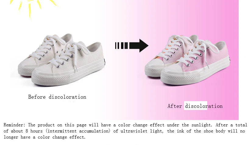 Pair of colour-changing canvas shoes with a white upper and a flat, rubber sole