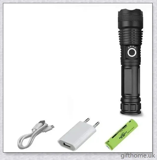 Ultra-bright 90,000 lumens XHP70.2 LED flashlight with aerospace-grade aluminium alloy body and IPX6 waterproof rating