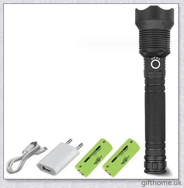 Ultra-bright 90,000 lumens XHP70.2 LED flashlight with aerospace-grade aluminium alloy body and IPX6 waterproof rating