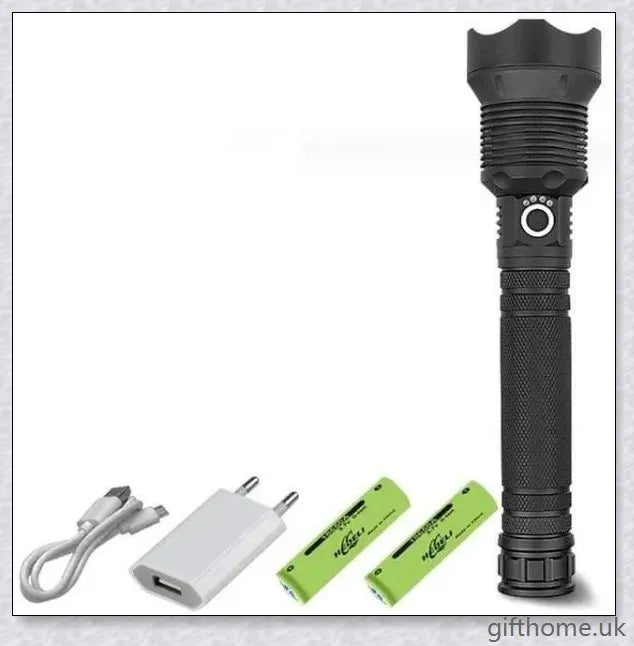 Ultra-bright 90,000 lumens XHP70.2 LED flashlight with aerospace-grade aluminium alloy body and IPX6 waterproof rating