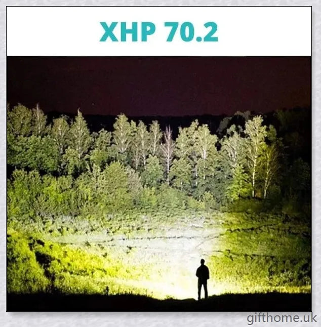 Ultra-bright 90,000 lumens XHP70.2 LED flashlight with aerospace-grade aluminium alloy body and IPX6 waterproof rating