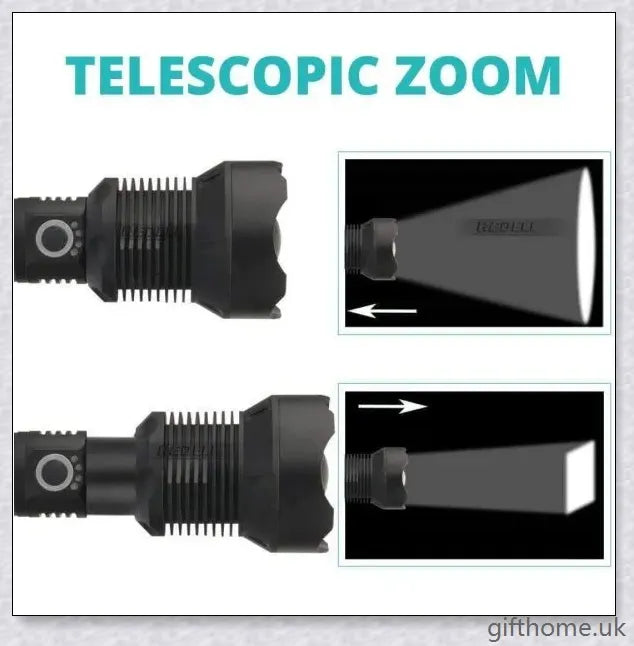 Ultra-bright 90,000 lumens XHP70.2 LED flashlight with aerospace-grade aluminium alloy body and IPX6 waterproof rating