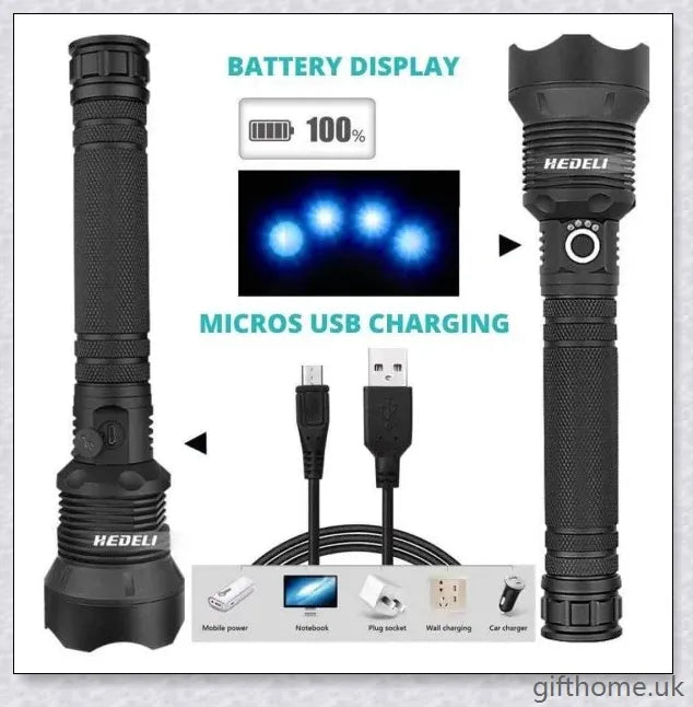 Ultra-bright 90,000 lumens XHP70.2 LED flashlight with aerospace-grade aluminium alloy body and IPX6 waterproof rating
