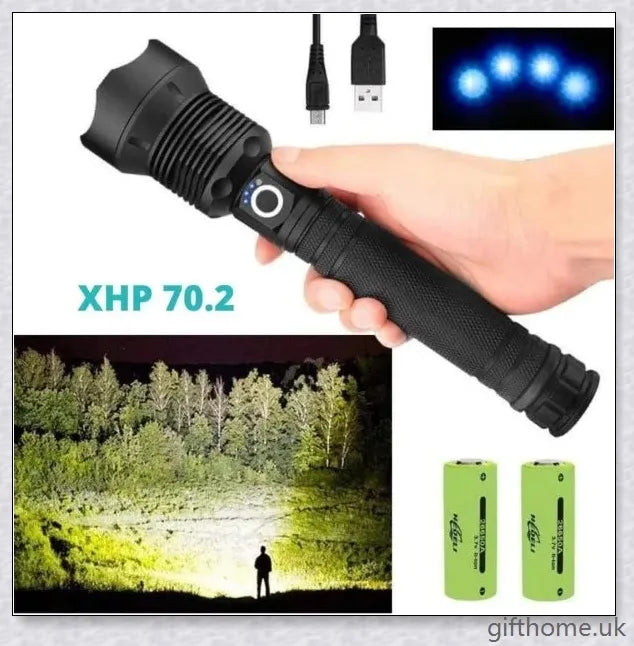 Ultra-bright 90,000 lumens XHP70.2 LED flashlight with aerospace-grade aluminium alloy body and IPX6 waterproof rating
