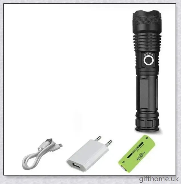 Ultra-bright 90,000 lumens XHP70.2 LED flashlight with aerospace-grade aluminium alloy body and IPX6 waterproof rating
