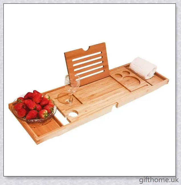 Bamboo bathtub storage rack with essential toiletries neatly arranged on the shelves