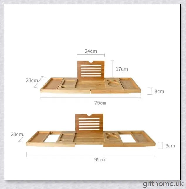 Bamboo bathtub storage rack with essential toiletries neatly arranged on the shelves