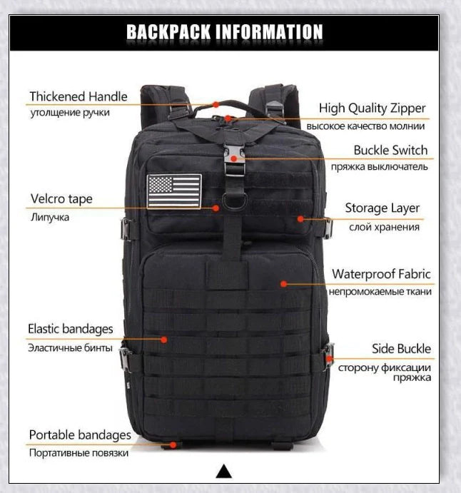 Rugged and water-resistant 40-litre military tactical backpack with multiple compartments and adjustable straps for comfortable carrying.