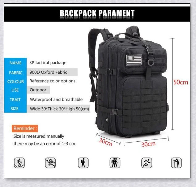 Rugged and water-resistant 40-litre military tactical backpack with multiple compartments and adjustable straps for comfortable carrying.