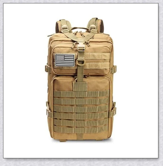 Rugged and water-resistant 40-litre military tactical backpack with multiple compartments and adjustable straps for comfortable carrying.