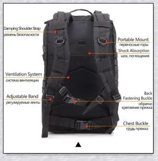 Rugged and water-resistant 40-litre military tactical backpack with multiple compartments and adjustable straps for comfortable carrying.