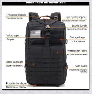 Rugged and water-resistant 40-litre military tactical backpack with multiple compartments and adjustable straps for comfortable carrying.
